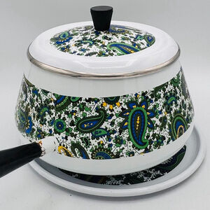 Vintage Enamel Fondue Pot with Paisley Pattern, Mid-Century Modern 1960s–1970s